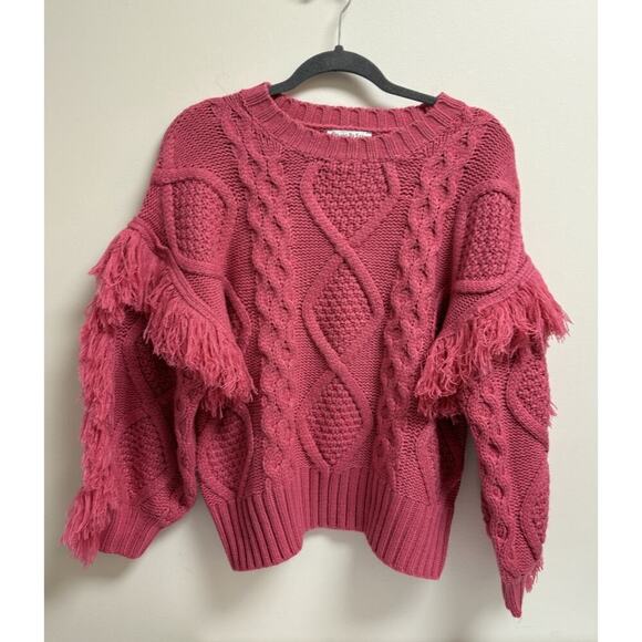 Vici Sun Goes Down Cable Knit Fringe Magenta Pink Pullover Sweater Size Small - Picture 1 of 4